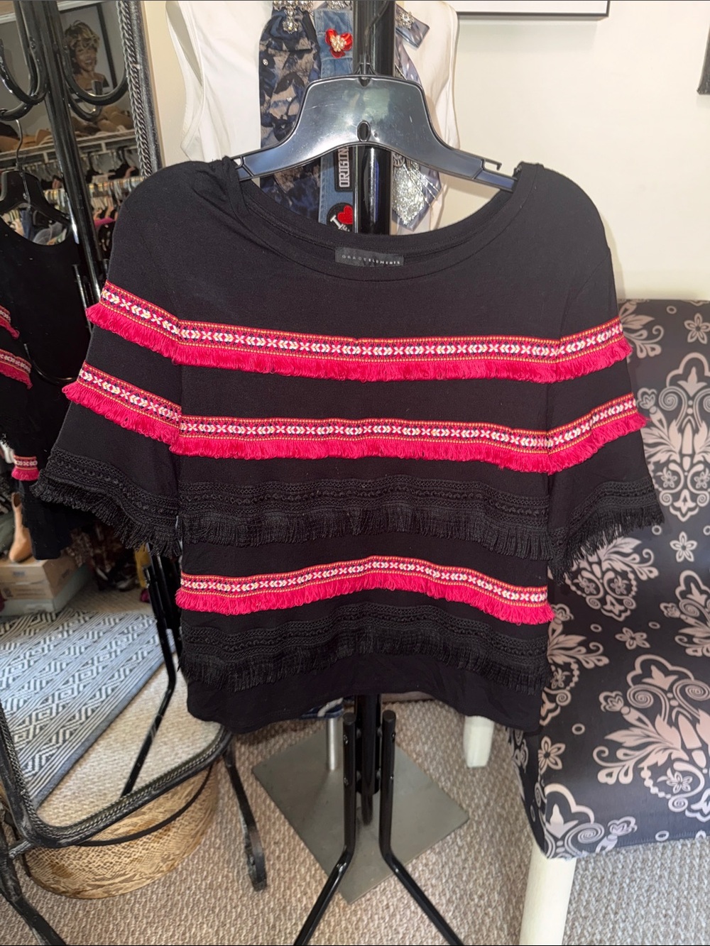 Grace Elements Black Short Sleeve Tee with Pink Stripe Accents
